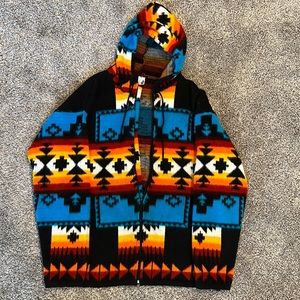 Artesanias Tuntaquimba XL Mens Wool Multicolor Ecuador Full Zip Jacket Coat Hood
